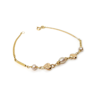 Pulsera de Oro 18k con Corazones y Perlas